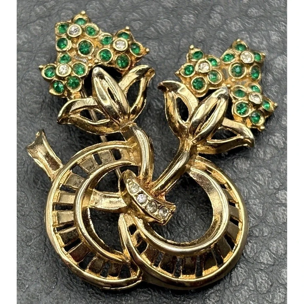 Vintage Double Flower Bouquet Brooch Green Rhinestone Crystal Gold Tone